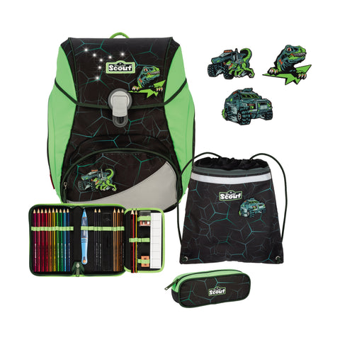 Scout Alpha Schulranzen 74420409700 Exklusiv DIN LED Dino Hunter Schulranzen-Set 4-teilig