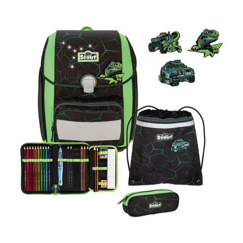SCOUT Schulranzenset Genius 4tlg 76420409700 E. DIN LED Dino Hunter Exkl. Led